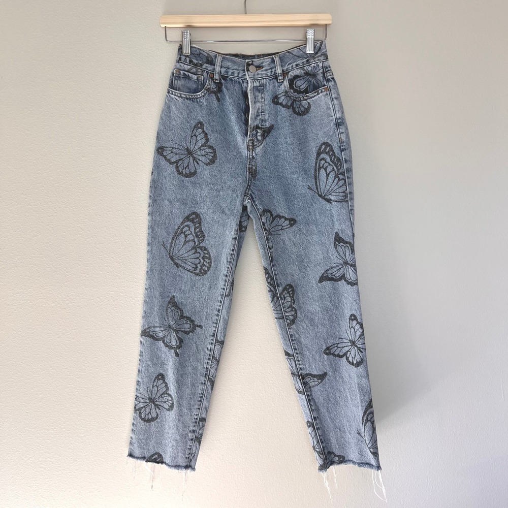 PacSun Butterfly Print Y2K High Rise Straight Jeans Size 25 light Blue Denim